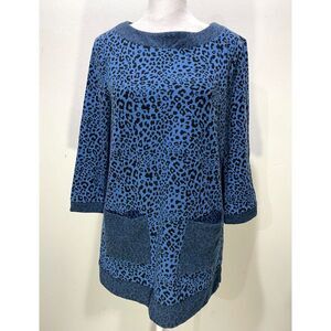 Chico's tunic sweater pockets blue animal print Cheetah casual winter women's S